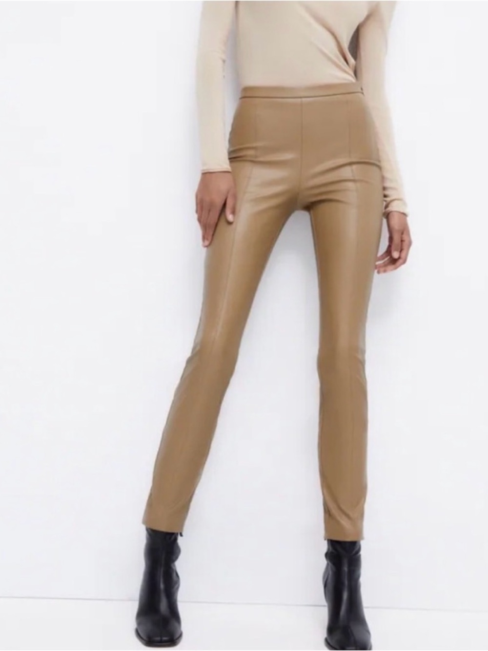 Zara Faux Leather Skinny Pants in Taupe